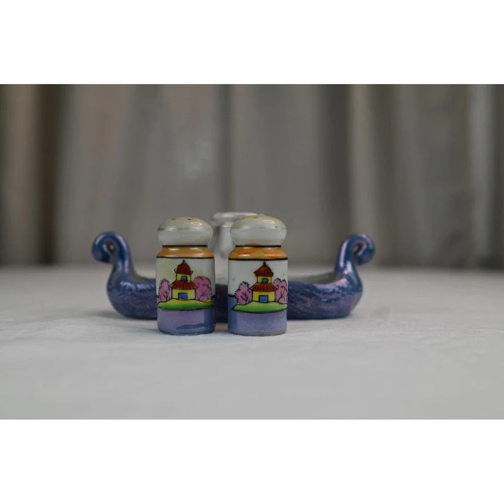 Vintage Lusterware Salt Pepper Sugar Set Made in Japan Blue Iridescent Pagoda